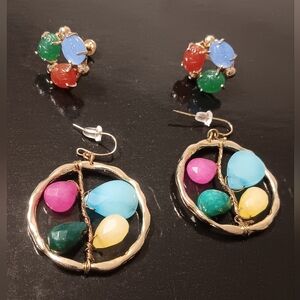 2 Sets Earrings Glass Scarab Screwback/Hook Gold Tone Multicolor EgyptianRevival